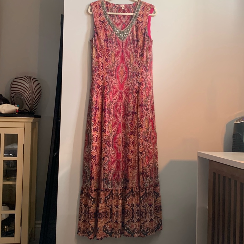 Reba, paisley maxi dress with beaded neckline, Sz L.